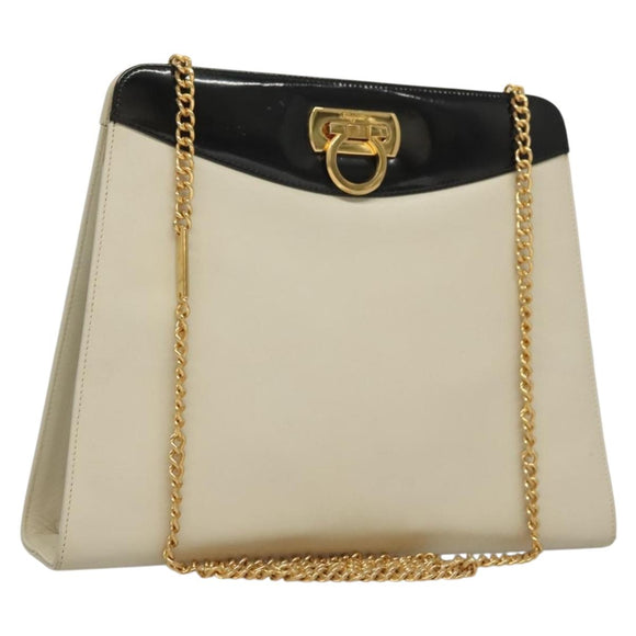 Salvatore Ferragamo Chain Gancini Shoulder Bag Leather White Gold Auth 136190