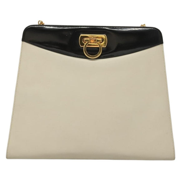 Salvatore Ferragamo Chain Gancini Shoulder Bag Leather White Gold Auth 136190
