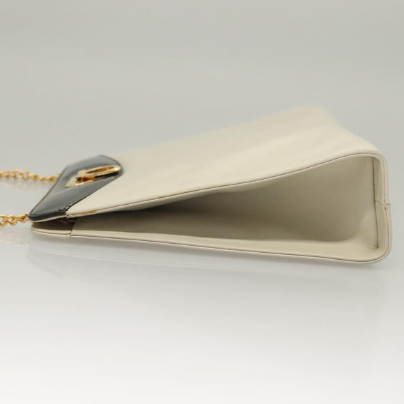 Salvatore Ferragamo Chain Gancini Shoulder Bag Leather White Gold Auth 136190