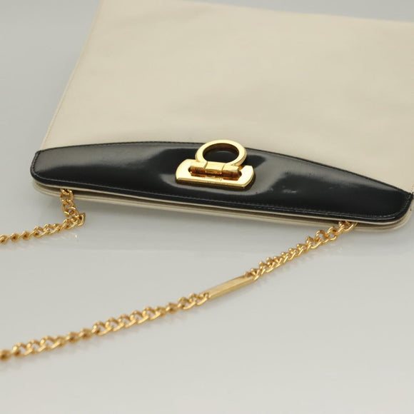 Salvatore Ferragamo Chain Gancini Shoulder Bag Leather White Gold Auth 136190