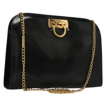 Salvatore Ferragamo Chain Gancini Bag Patent leather Black Gold Auth 136191