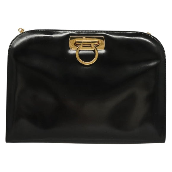 Salvatore Ferragamo Chain Gancini Bag Patent leather Black Gold Auth 136191