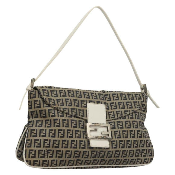 FENDI Zucchino Canvas Mamma Baguette Shoulder Bag Navy Silver Auth 136195
