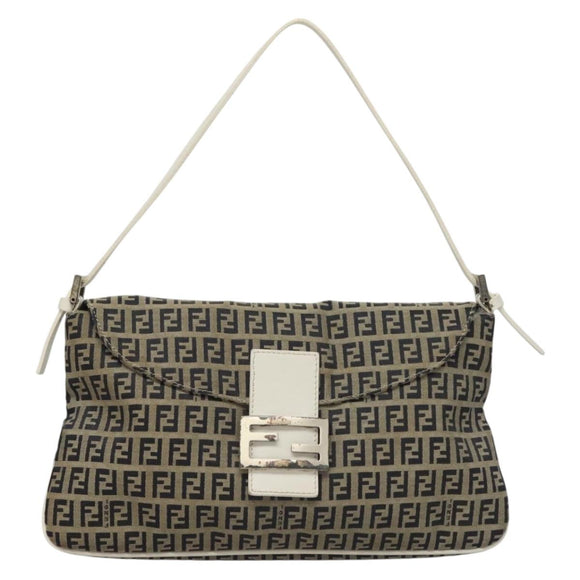 FENDI Zucchino Canvas Mamma Baguette Shoulder Bag Navy Silver Auth 136195