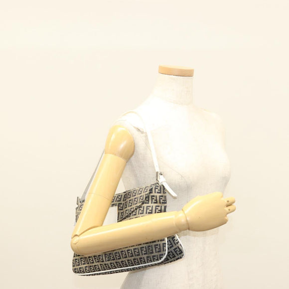 FENDI Zucchino Canvas Mamma Baguette Shoulder Bag Navy Silver Auth 136195
