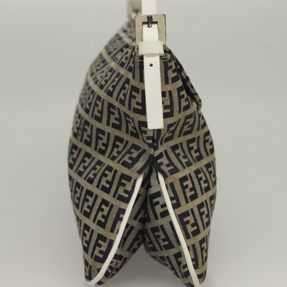 FENDI Zucchino Canvas Mamma Baguette Shoulder Bag Navy Silver Auth 136195