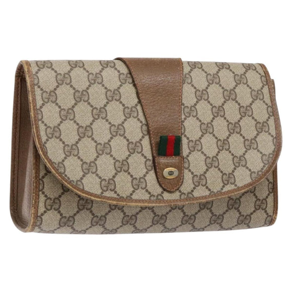GUCCI GG Supreme Web Sherry Line Clutch Bag PVC Beige Gold 89 01 030 Auth 136211