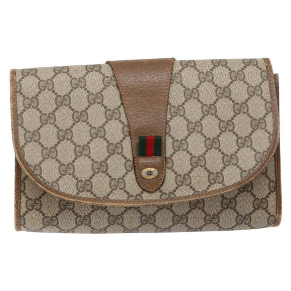 GUCCI GG Supreme Web Sherry Line Clutch Bag PVC Beige Gold 89 01 030 Auth 136211
