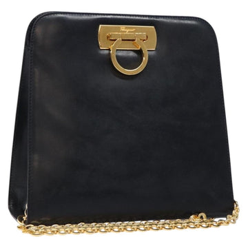 Salvatore Ferragamo Gancini Chain Shoulder Bag Leather Navy Gold Auth 136212