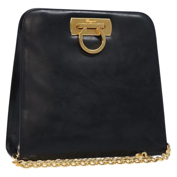 Salvatore Ferragamo Gancini Chain Shoulder Bag Leather Navy Gold Auth 136212
