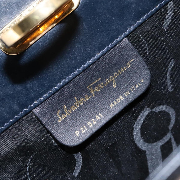 Salvatore Ferragamo Gancini Chain Shoulder Bag Leather Navy Gold Auth 136212