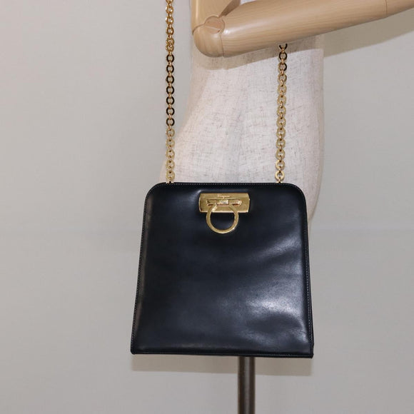 Salvatore Ferragamo Gancini Chain Shoulder Bag Leather Navy Gold Auth 136212