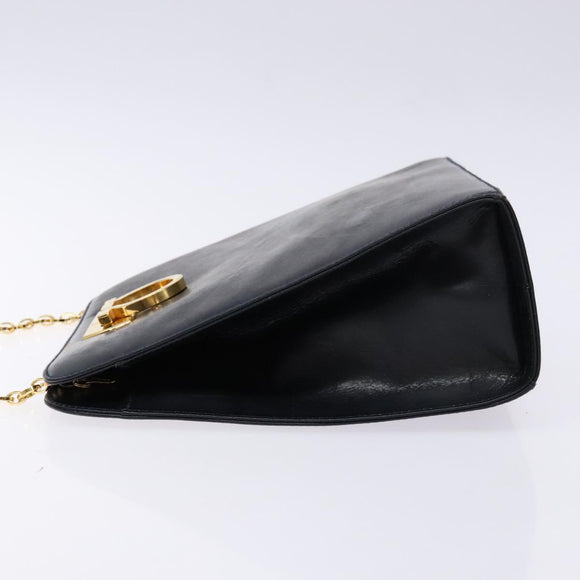 Salvatore Ferragamo Gancini Chain Shoulder Bag Leather Navy Gold Auth 136212