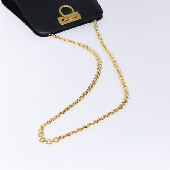 Salvatore Ferragamo Gancini Chain Shoulder Bag Leather Navy Gold Auth 136212