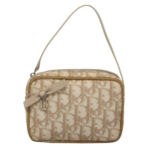Christian Dior Trotter Canvas Romantic Pouch PVC Beige Silver Auth 136216