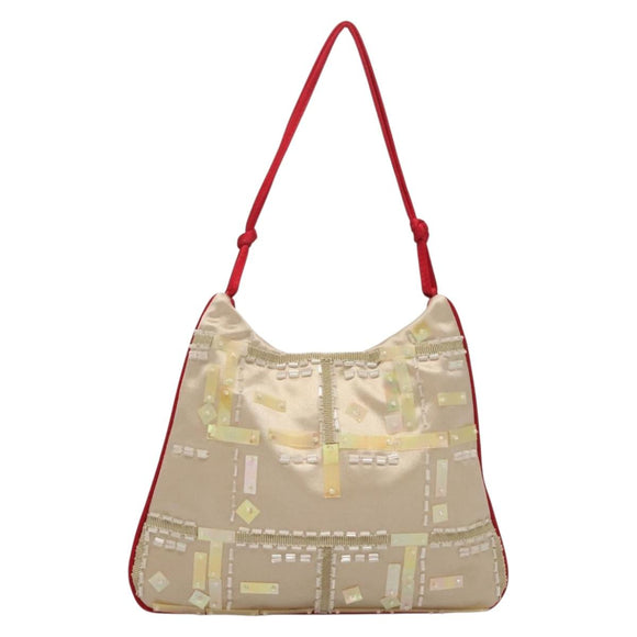 PRADA Hand Bag Satin Beige Auth 136267