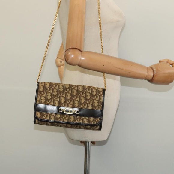 Christian Dior Trotter Canvas Chain Shoulder Bag Beige Gold Auth 136388