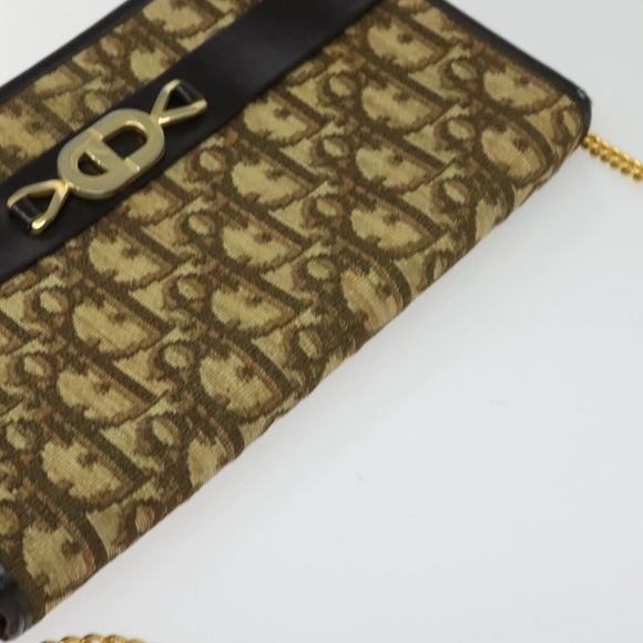 Christian Dior Trotter Canvas Chain Shoulder Bag Beige Gold Auth 136388