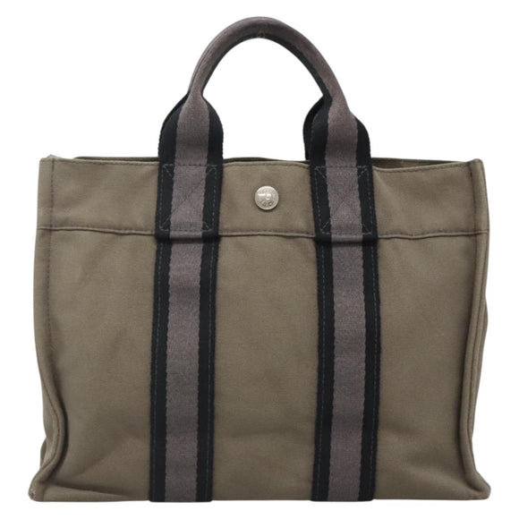 HERMES Fourre Tout PM Hand Bag Canvas Gray Navy Auth 136396