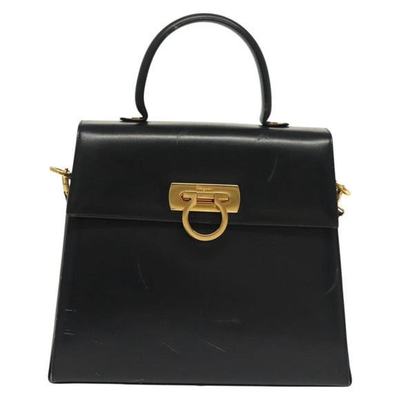Salvatore Ferragamo Gancini Hand Bag Leather 2way Black Gold Auth 136400