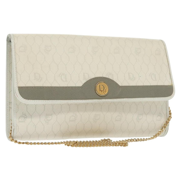 Christian Dior Honeycomb Canvas Shoulder Bag PVC White Gold Auth 136409