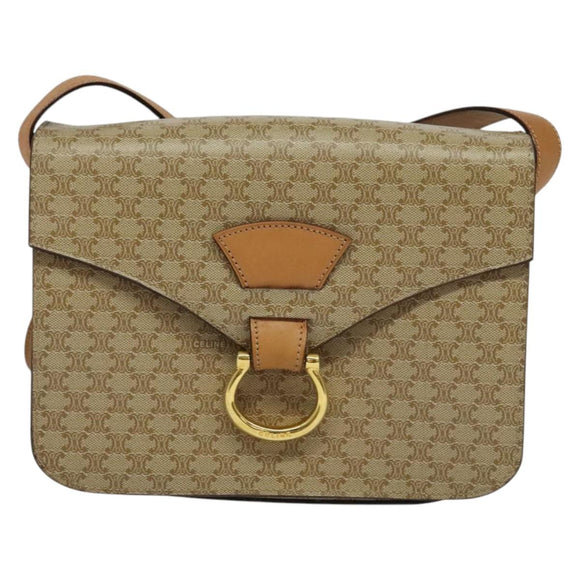 CELINE Macadam Canvas Shoulder Bag PVC Beige Gold Auth 136443