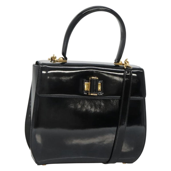 Salvatore Ferragamo Gancini Hand Bag Patent leather 2way Black Gold Auth 136446