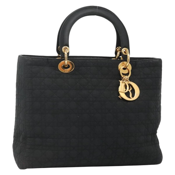 Christian Dior Lady Dior Canage Hand Bag Nylon Black Gold Auth 136477