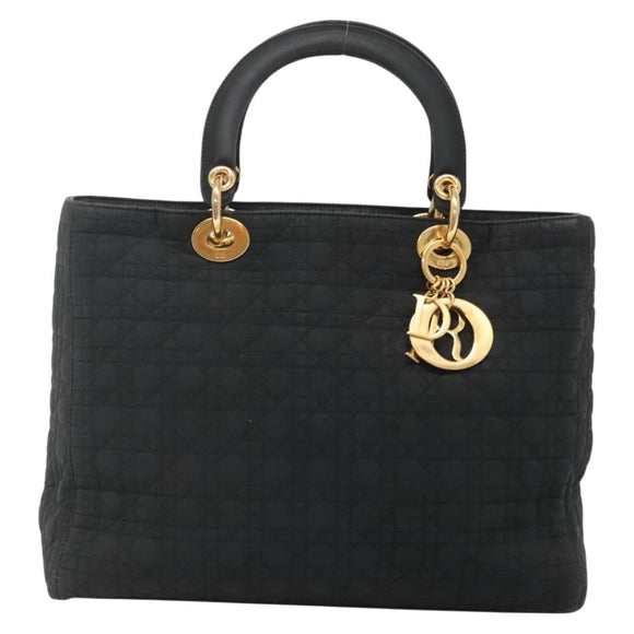 Christian Dior Lady Dior Canage Hand Bag Nylon Black Gold Auth 136477