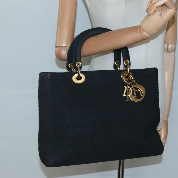 Christian Dior Lady Dior Canage Hand Bag Nylon Black Gold Auth 136477