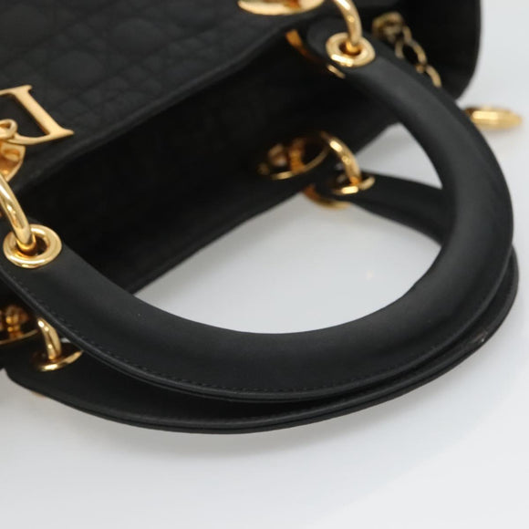 Christian Dior Lady Dior Canage Hand Bag Nylon Black Gold Auth 136477