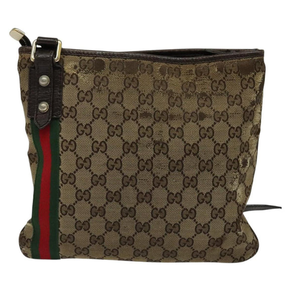 GUCCI GG Canvas Web Sherry Line Shoulder Bag Beige Gold Red 144388 Auth 136530
