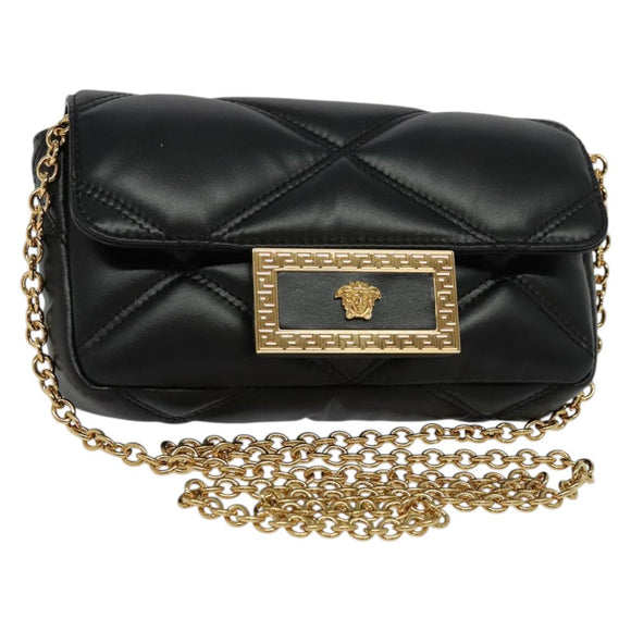 VERSACE Chain Shoulder Bag Leather Black Gold Auth 136648