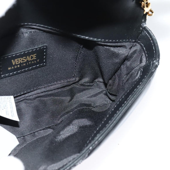 VERSACE Chain Shoulder Bag Leather Black Gold Auth 136648