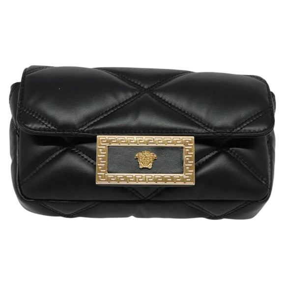 VERSACE Chain Shoulder Bag Leather Black Gold Auth 136648