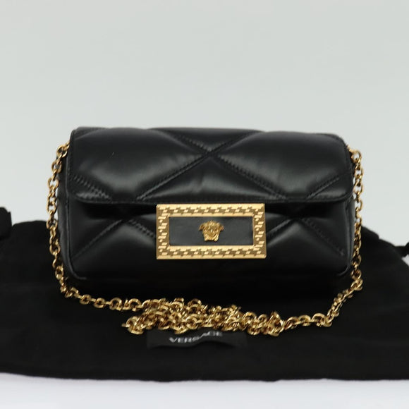 VERSACE Chain Shoulder Bag Leather Black Gold Auth 136648