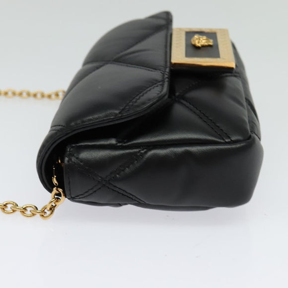 VERSACE Chain Shoulder Bag Leather Black Gold Auth 136648