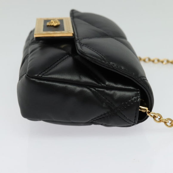 VERSACE Chain Shoulder Bag Leather Black Gold Auth 136648