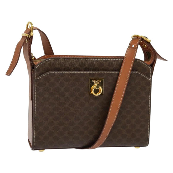 CELINE Macadam Canvas Shoulder Bag PVC Leather Brown Gold Auth 136673