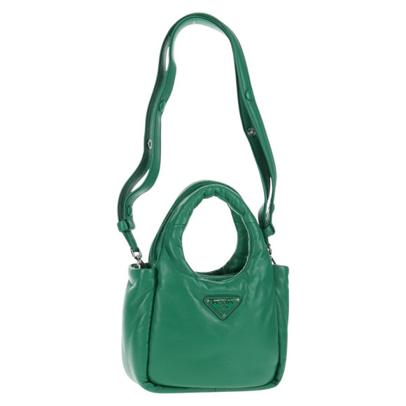 PRADA Hand Bag Leather 2way Green Silver Auth 136732M