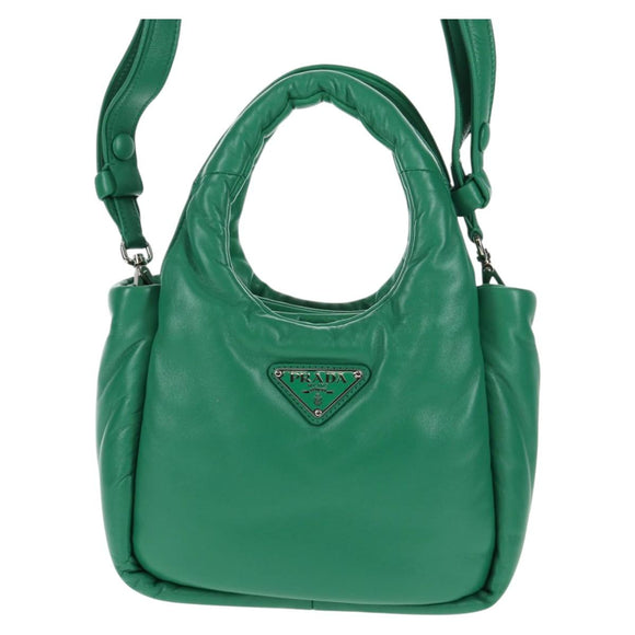 PRADA Hand Bag Leather 2way Green Silver Auth 136732M