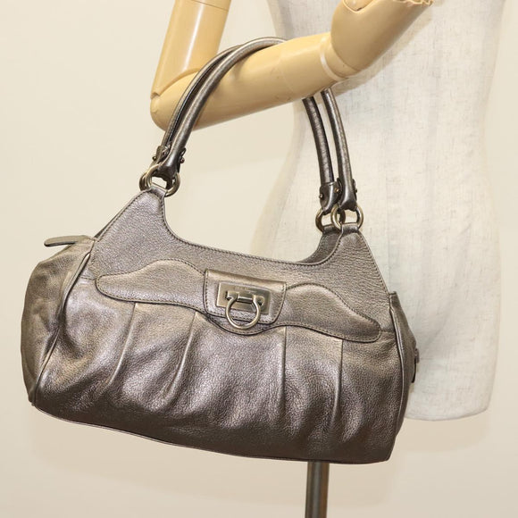 Salvatore Ferragamo Gancini Hand Bag Leather Silver Auth 136801