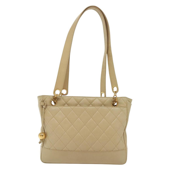CHANEL Matelasse Chain Shoulder Bag Lamb Skin Beige Gold CC Auth 136815