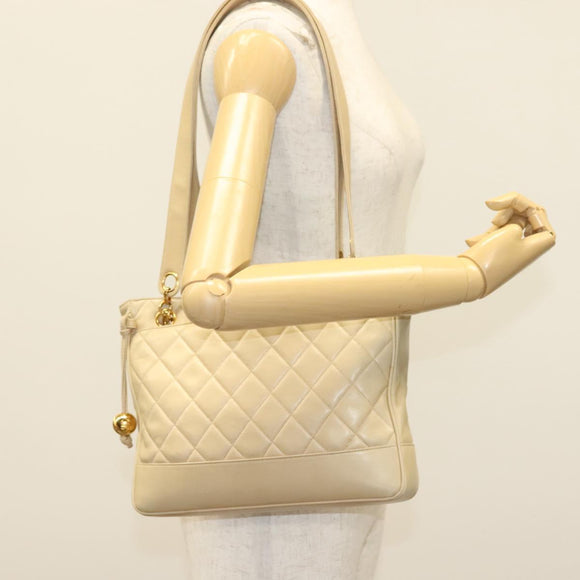CHANEL Matelasse Chain Shoulder Bag Lamb Skin Beige Gold CC Auth 136815