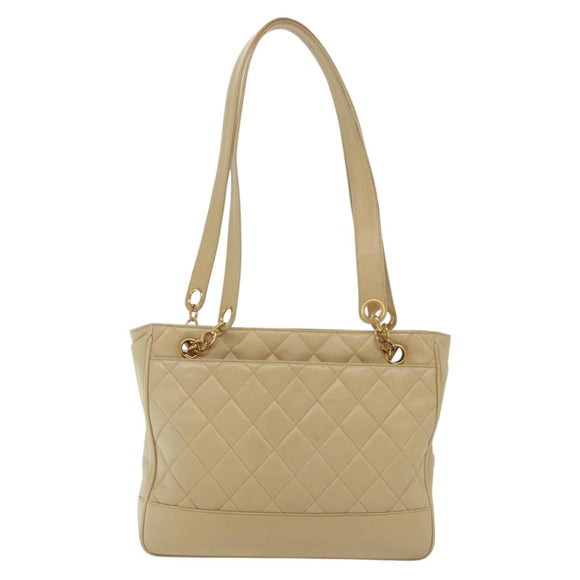 CHANEL Matelasse Chain Shoulder Bag Lamb Skin Beige Gold CC Auth 136815