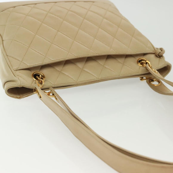 CHANEL Matelasse Chain Shoulder Bag Lamb Skin Beige Gold CC Auth 136815