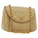 CHANEL Chain Shoulder Bag Lamb Skin Beige Gold CC Auth 136820-1