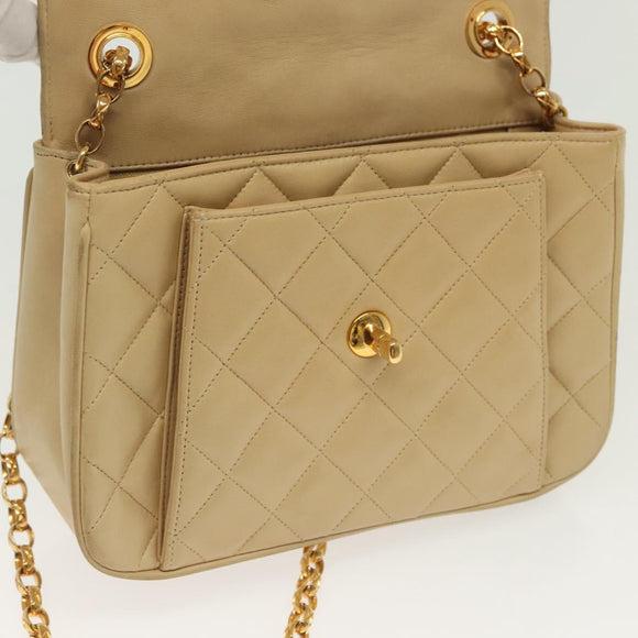 CHANEL Chain Shoulder Bag Lamb Skin Beige Gold CC Auth 136820
