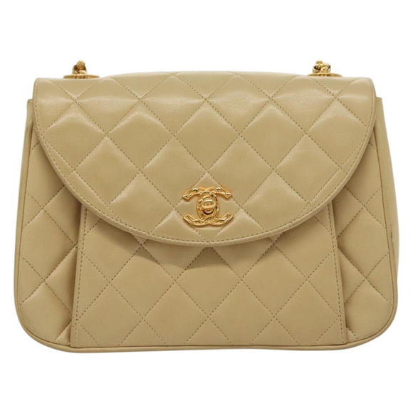 CHANEL Chain Shoulder Bag Lamb Skin Beige Gold CC Auth 136820