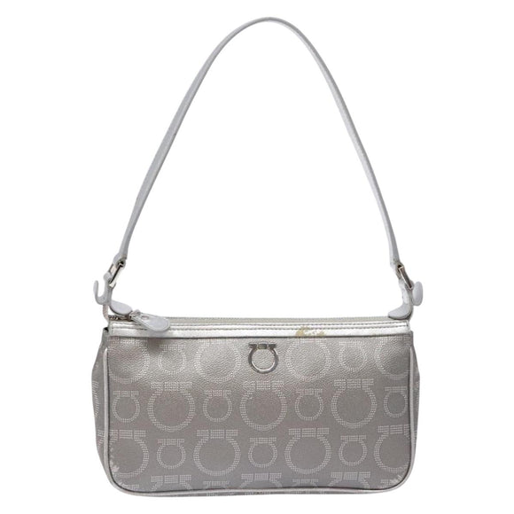 Salvatore Ferragamo Gancini Shoulder Bag Leather Silver Auth 136843